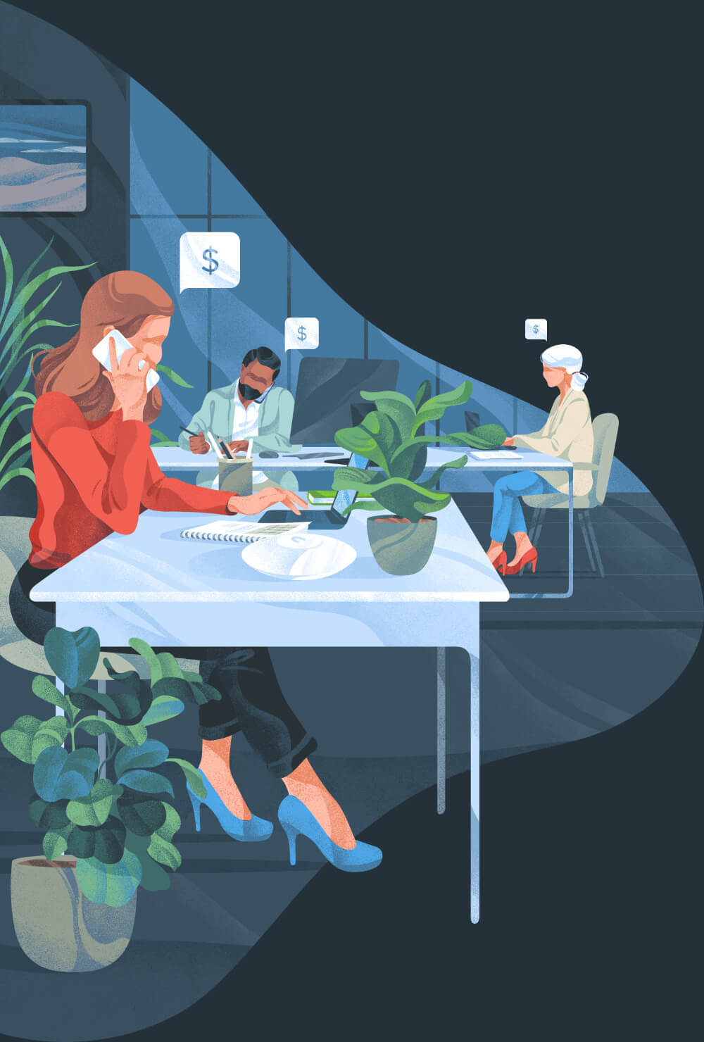 Beambox graphic of workers in an office with a Beambox device on the desk and speech bubbles with dollar signs above.