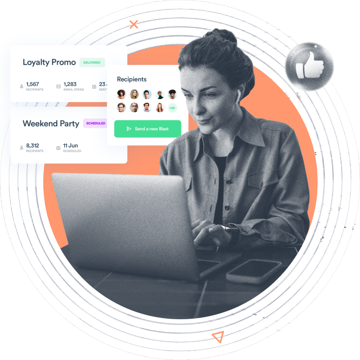 Beambox graphic featuring a woman working on email marketing campaigns on a laptop against an orange circular background.