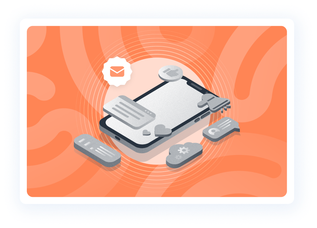 Beambox graphic featuring a smartphone and various icons symbolizing email and messaging with an abstract orange backdrop.