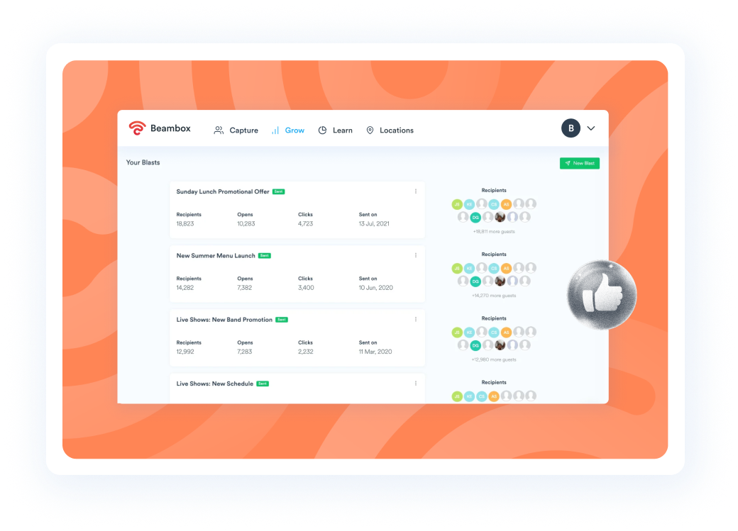 Beambox graphic featuring a Beambox user dashboard on customer segmentation and proximity marketing with an orange backdrop.