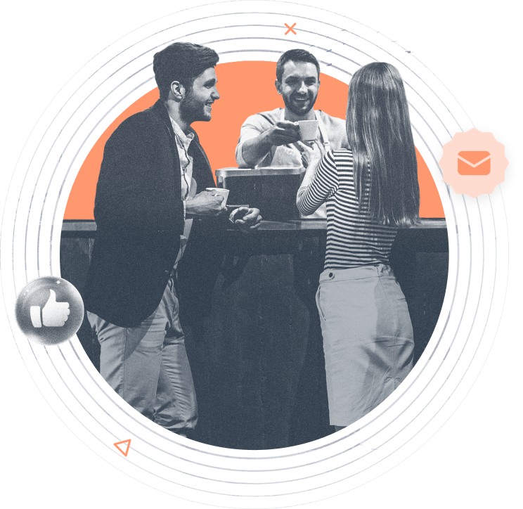 Beambox graphic featuring a man and a woman getting cups of coffee from a man behind a bar against an orange backdrop.