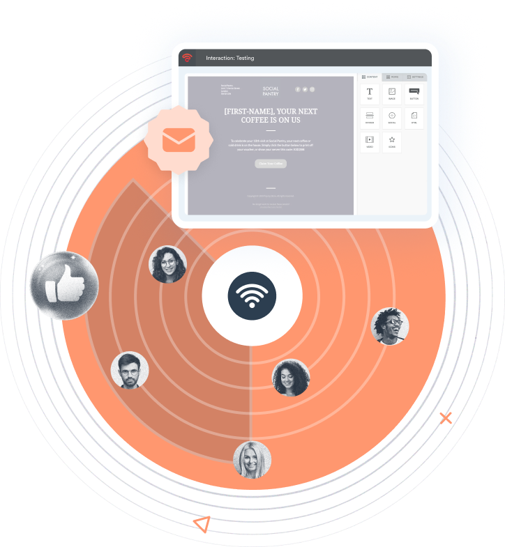 Beambox graphic featuring their email design interface over a circular orange backdrop with wifi symbols and faces.