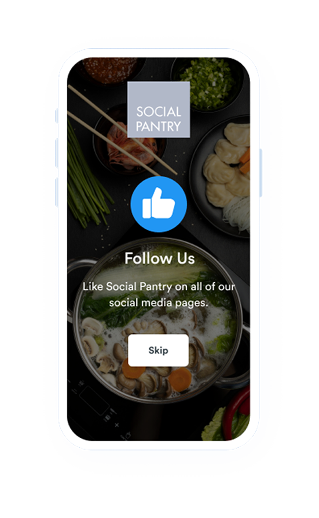 Beambox graphic of a smartphone with a captive portal page prompting users to Like Social Pantry restaurant on social media.