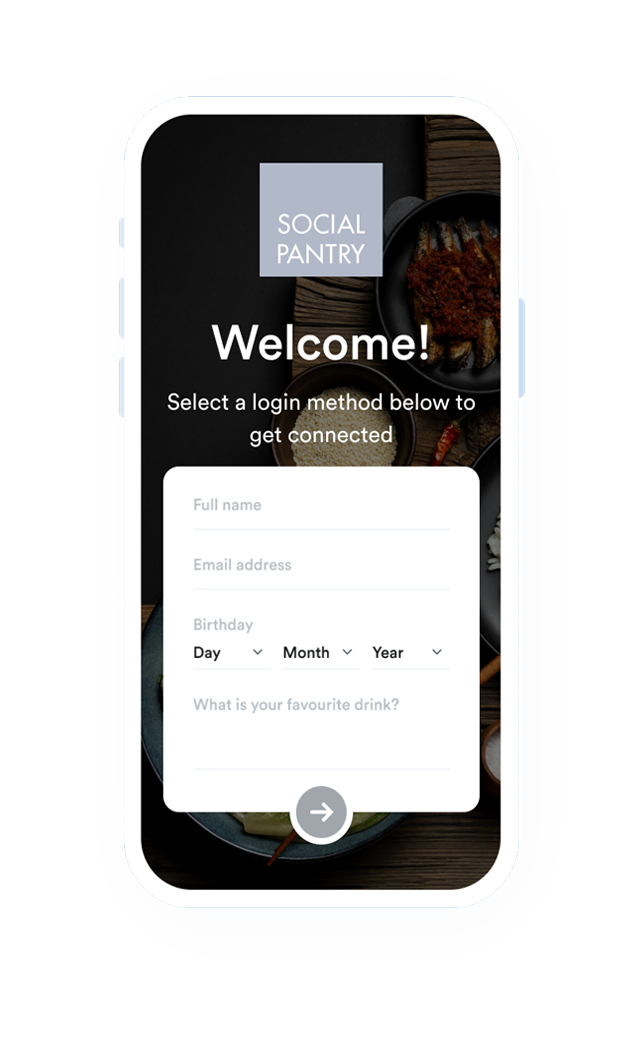 Beambox graphic of a Social Pantry WiFi login screen on a smartphone with fields for name, email, birthday, and favorite drink.