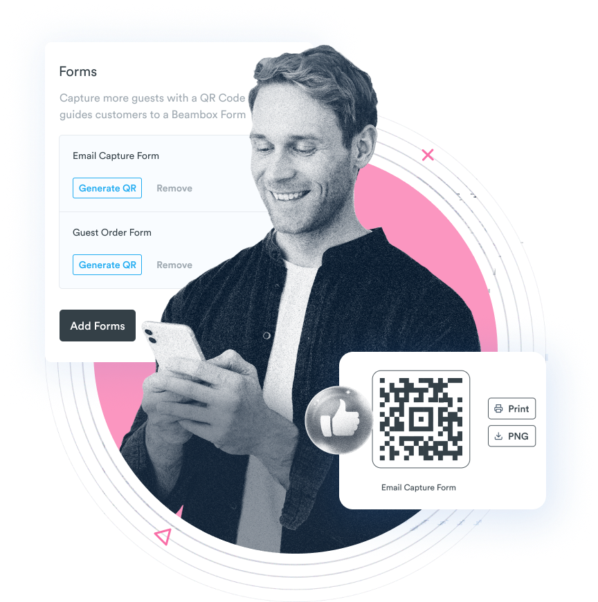 Beambox graphic featuring a man smiling at his phone with QR code options for forms on a graphic interface, set against a pink circle.