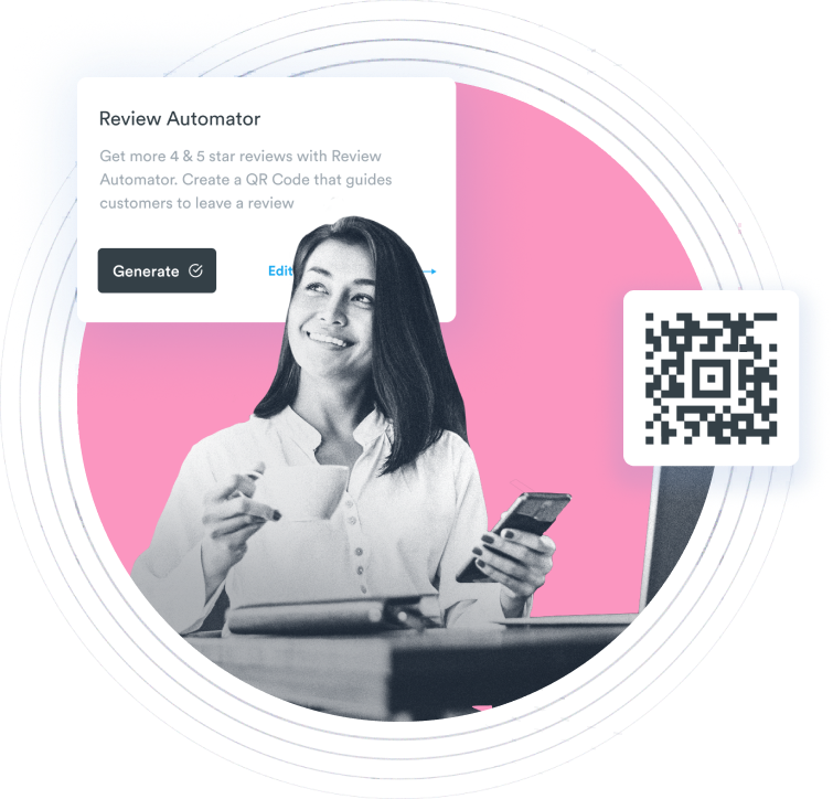 Beambox graphic featuring a smiling woman holding a phone with a QR code for a review prompt on a digital interface.