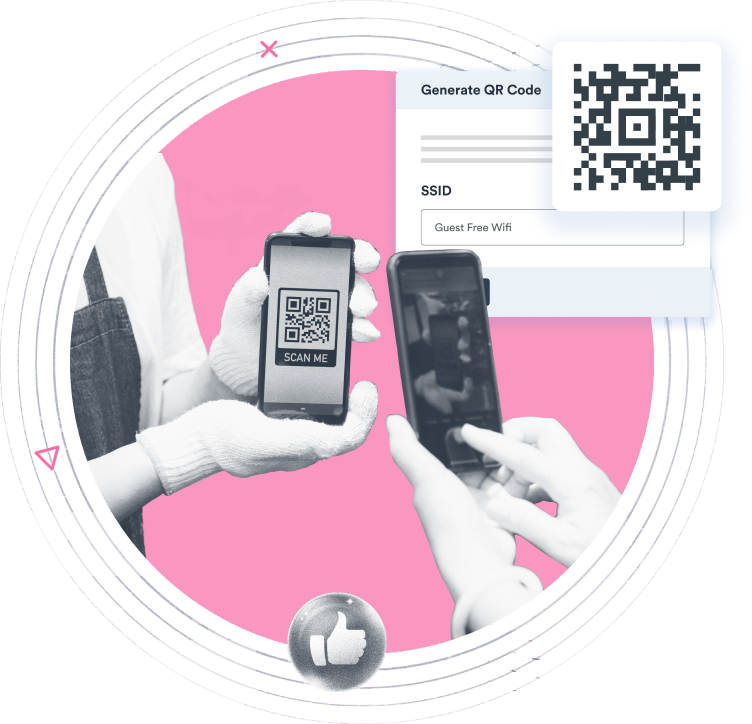 Beambox graphic featuring two phones with a QR code next to a QR code generation interface on a pink and white design.