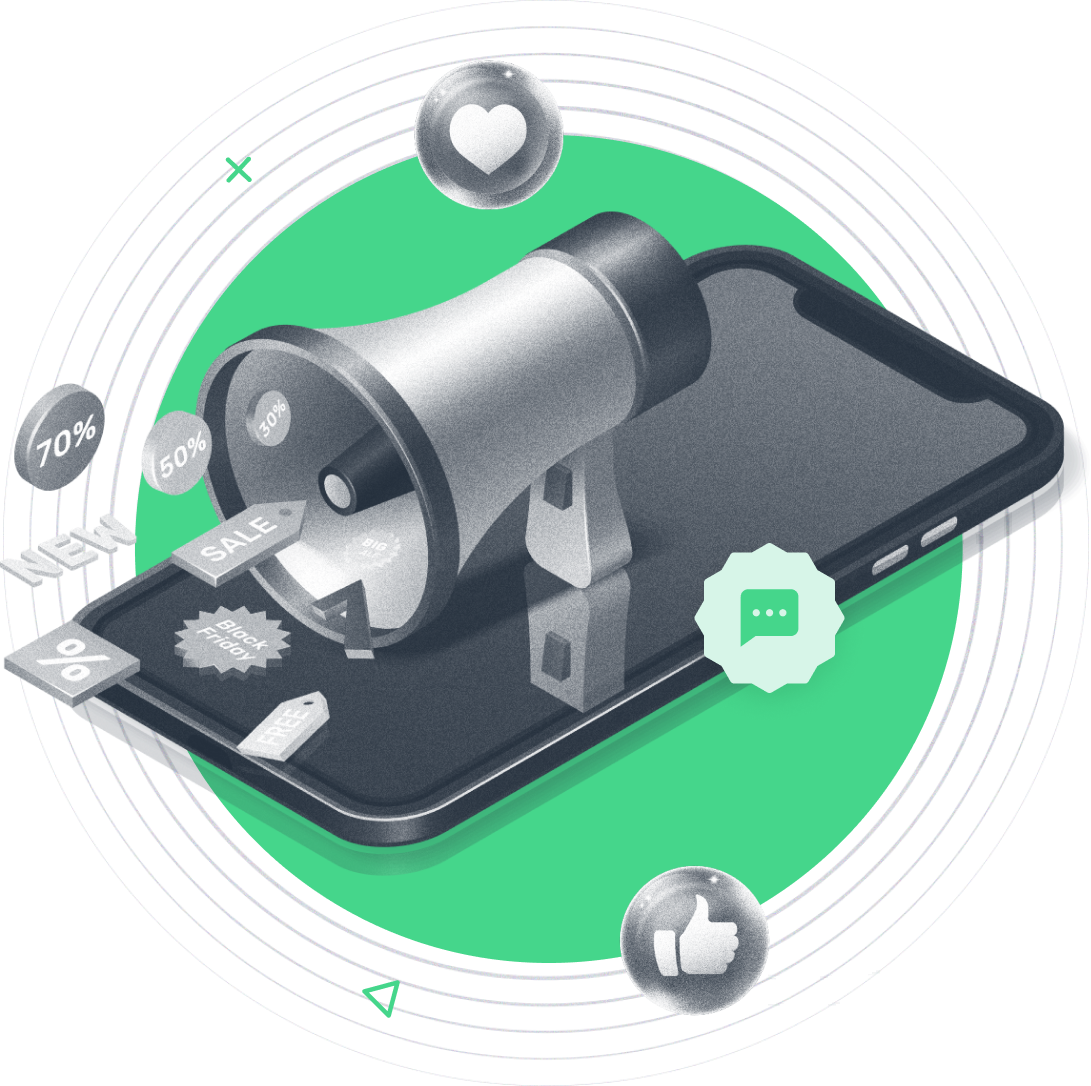 Beambox graphic with a megaphone and smartphone symbolize notifications for sales and engagement through SMS messages.