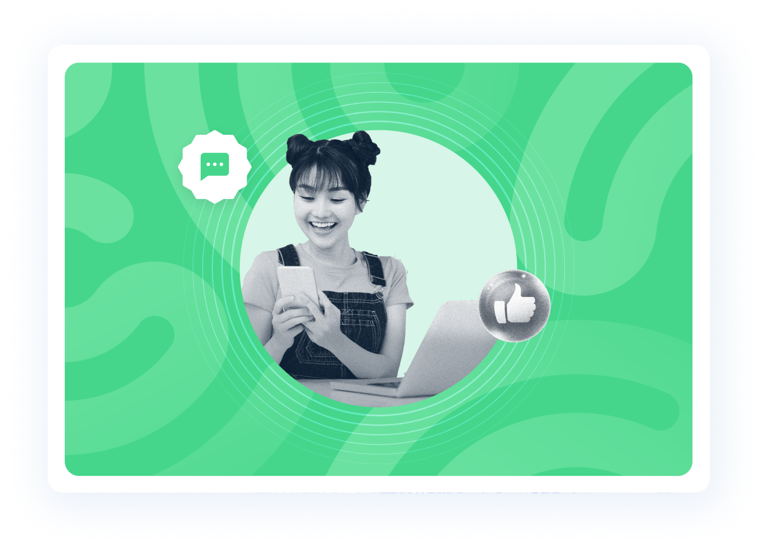 Beambox graphic showing a customer sitting at a computer, holding a smartphone and reacting to a notification with a smile.