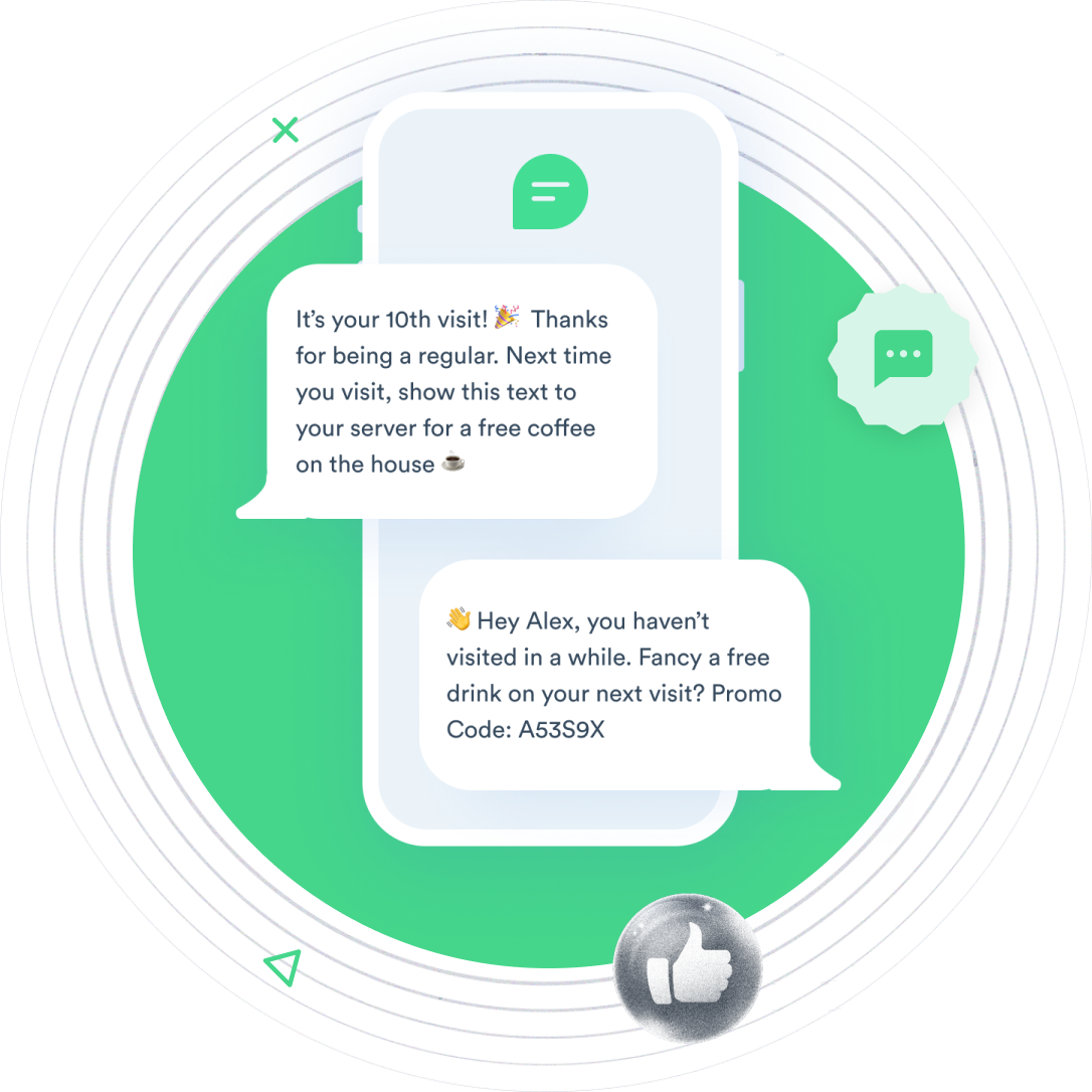 Beambox graphic showing SMS marketing example text messages over a smartphone.