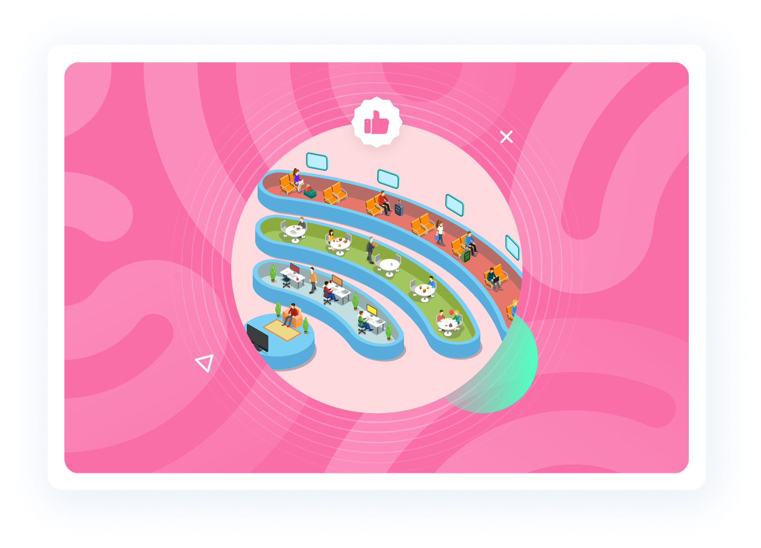 Beambox graphic of people using guest WiFi in various environments in the shape of a Wi-Fi signal on a pink swirly background.
