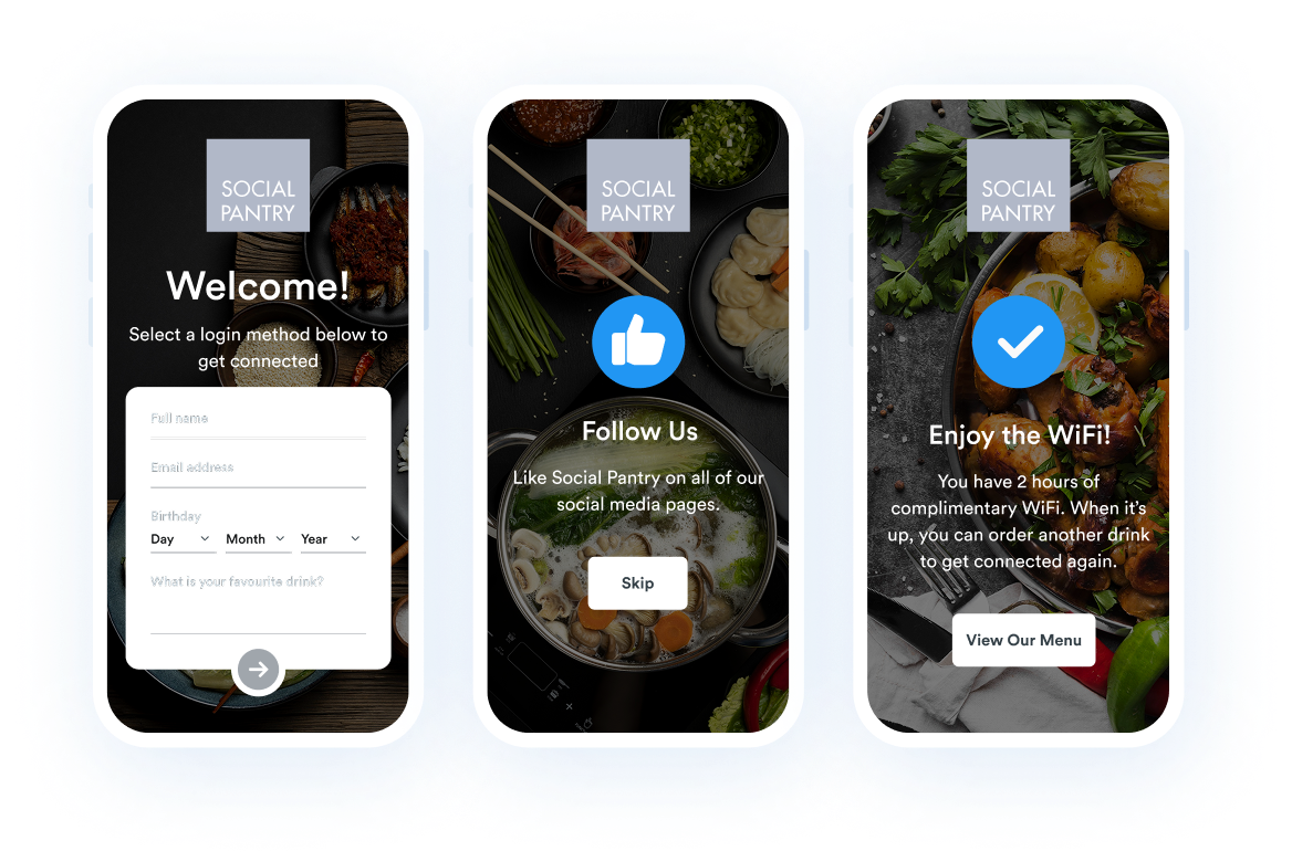 Beambox graphic of 3 mobile WiFi login screens for a restaurant, featuring a sign-in form, social media prompt, & WiFi access.