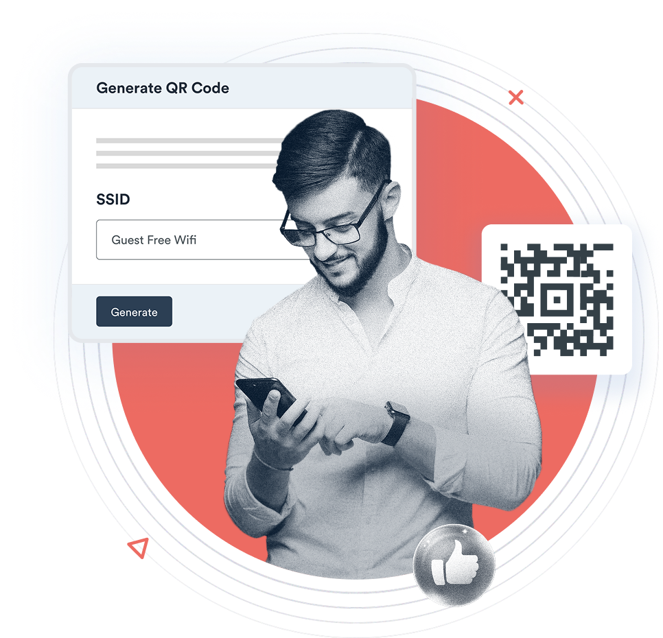 Beambox graphic of a man using his phone beside a QR code generator labeled "Guest Free Wifi" with a thumbs-up icon.
