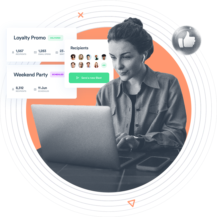 Beambox graphic of a woman with a laptop on an orange background.
